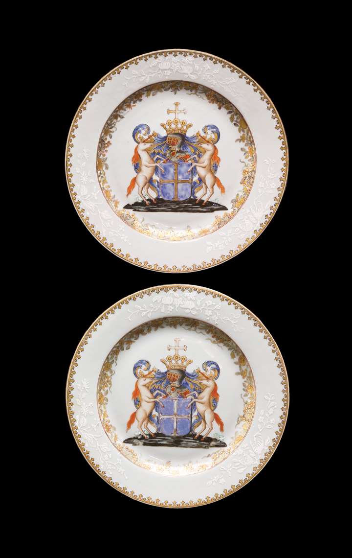 Pair of chinese export armorial porcelain dinner plates, belgian market, van den cruyce